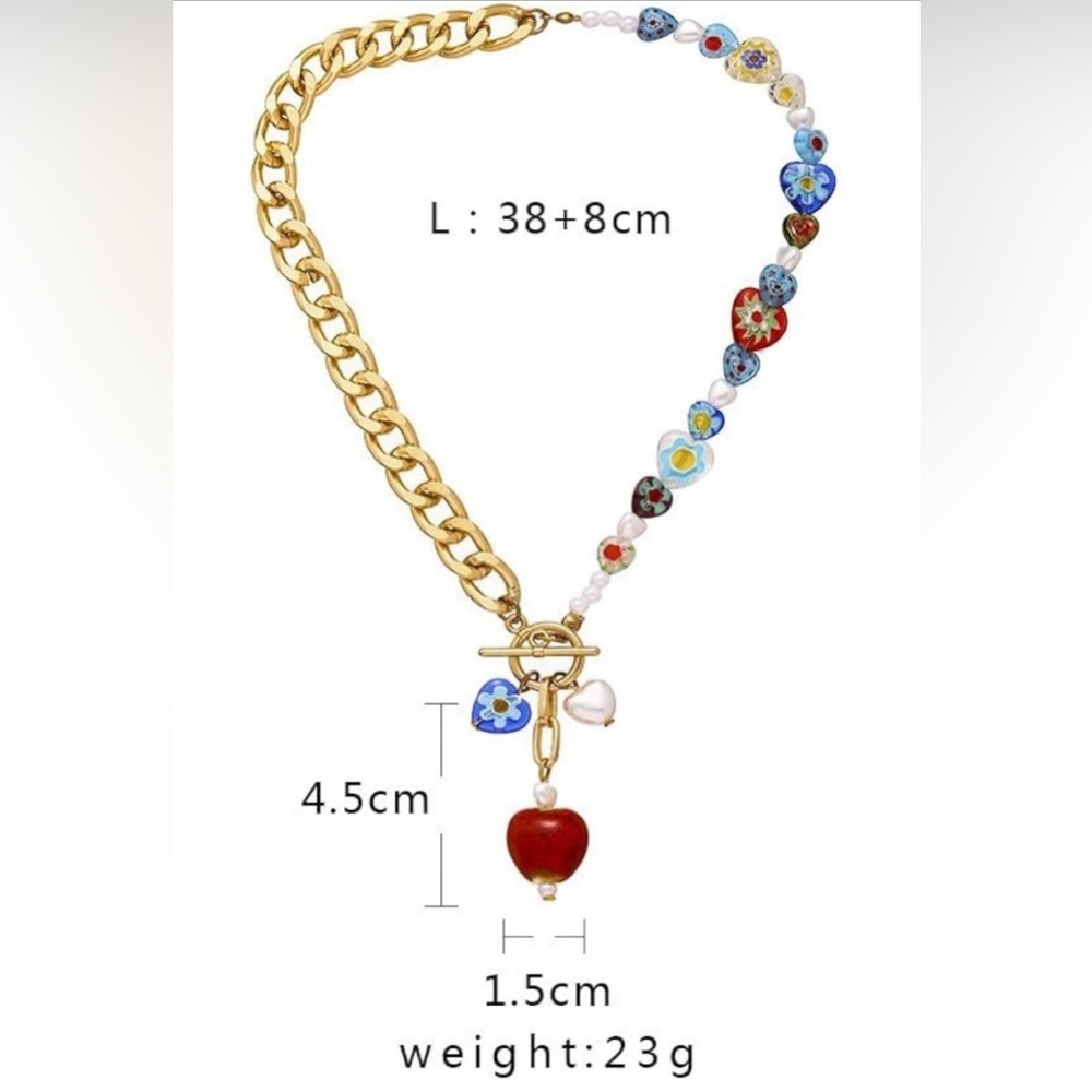 Colorful Gold Chunky Chain Heart Pendant Boho Evil Eye Necklace - Picture 6 of 6